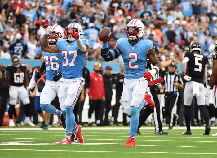 Tennessee Titans linebacker Azeez Al-Shaair (2) celebrates after recovering a fumble during the first half against the Atlanta Falcons at Nissan Stadium.